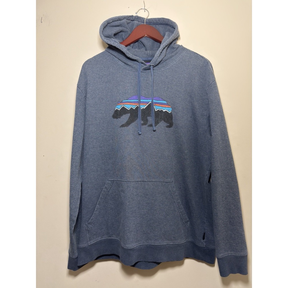 Patagonia L Large Fitz Roy Bear Hoody Sweatshirt Blue Mens Hoodie
